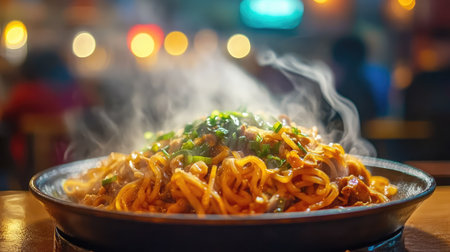 A steaming plate of Shanghai-style scallion oil noodles with a dark soy glaze.の素材
