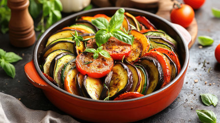 A steaming dish of ratatouille with vibrant layers of zucchini, eggplant, and tomatoes.の素材