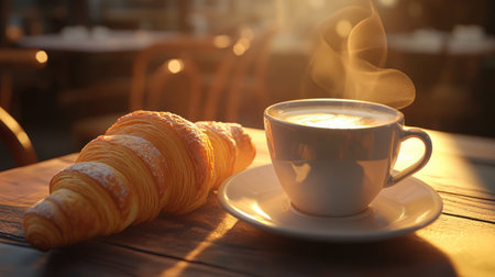A steaming cup of caf au lait served with a buttery croissant on a Parisian caf table.の素材