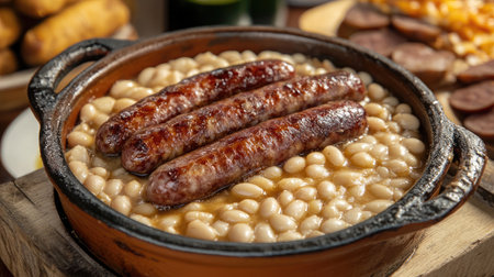A traditional cassoulet dish with white beans, duck confit, and sausage in a rustic earthenware pot.の素材