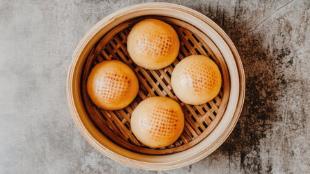 A top-down shot of a bamboo basket filled with fluffy char siu bao BBQ pork buns.の素材