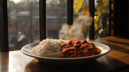 A steaming hot plate of rajma red kidney bean curry served with basmati rice.の素材