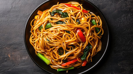 A top-down shot of a plate of lo mein noodles stir-fried with vegetables and soy sauce.の素材