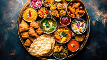 A top-down view of a Gujarati thali featuring dhokla, thepla, kadhi, and an assortment of sweets.の素材