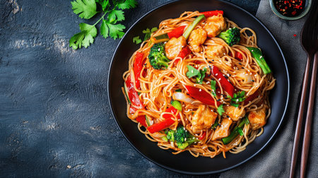 A top-down shot of a plate of lo mein noodles stir-fried with vegetables and soy sauce.の素材
