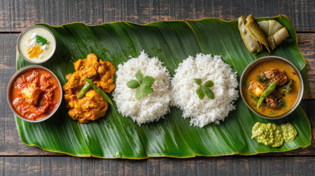 A top-down view of a banana leaf meal featuring fish curry, coconut rice, and side dishes.の素材