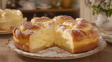 A traditional French tarte tropzienne with a golden brioche base and creamy filling.の素材