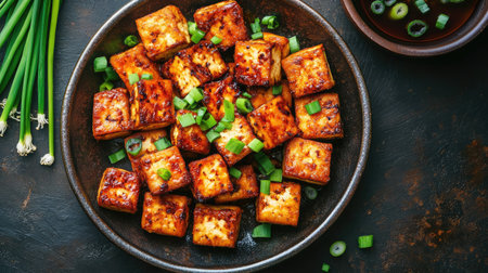 A top-down view of a plate of crispy salt and pepper tofu garnished with chopped green onions.の素材