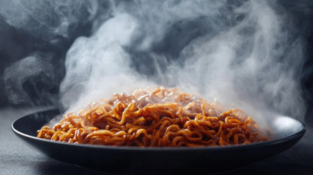 A steaming plate of Shanghai-style scallion oil noodles with a dark soy glaze.の素材