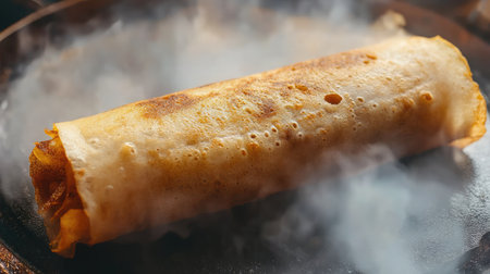 A top-down view of a masala dosa being cooked on a hot griddle, with a crispy golden exterior.の素材