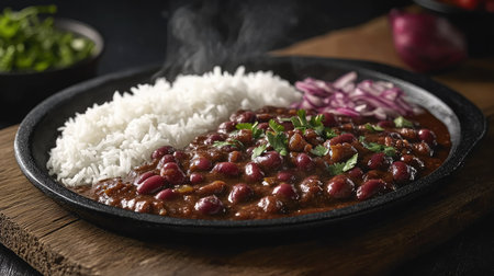 A steaming hot plate of rajma red kidney bean curry served with basmati rice.の素材