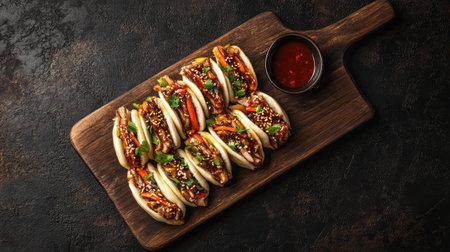 A wooden board with freshly steamed bao buns filled with braised pork belly and pickled vegetables.の素材