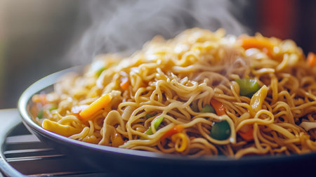 A steaming plate of Cantonese-style chow mein with crispy noodles and vegetables.の素材