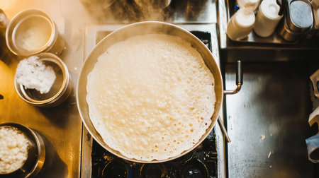 A top-down view of a masala dosa being cooked on a hot griddle, with a crispy golden exterior.の素材
