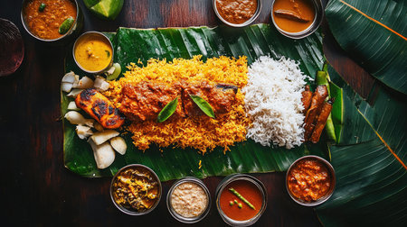 A top-down view of a banana leaf meal featuring fish curry, coconut rice, and side dishes.の素材