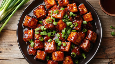 A top-down view of a plate of crispy salt and pepper tofu garnished with chopped green onions.の素材