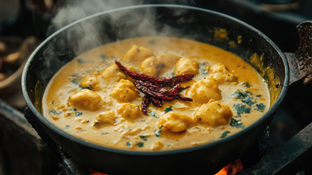 A steaming pot of aromatic kadhi with golden fried pakoras, garnished with dried red chilies.の素材