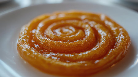 A warm, golden jalebi spiral soaked in sugar syrup, served on a white ceramic plate.の素材