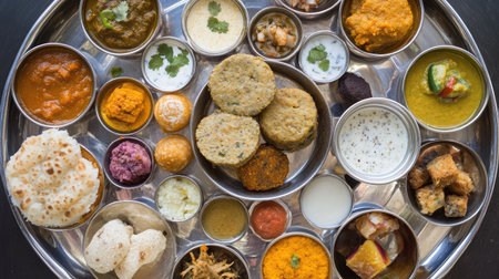 A top-down view of a Gujarati thali featuring dhokla, thepla, kadhi, and an assortment of sweets.の素材