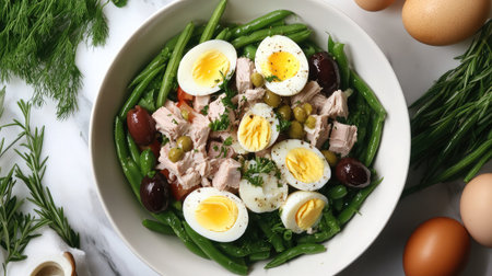 A top-down view of a classic nioise salad with tuna, eggs, olives, and green beans.の素材