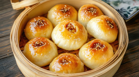 A top-down shot of a bamboo basket filled with fluffy char siu bao BBQ pork buns.の素材