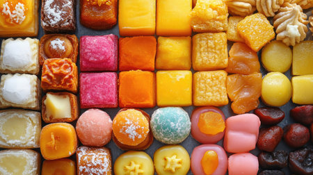 A tray of colorful Indian sweets, including gulab jamun, barfi, and jalebi.の素材