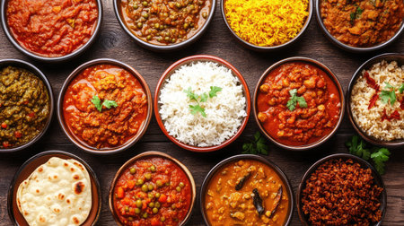 A top-down view of a traditional thali meal with dal, rice, chapati, pickles, and various curries.の素材