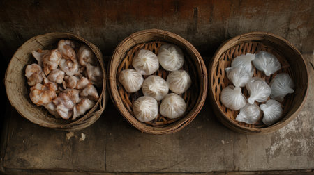 A top-down view of dim sum baskets filled with shumai, har gow, and char siu bao.の素材