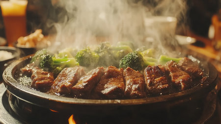 A steaming plate of stir-fried beef with broccoli in a savory garlic sauce.の素材