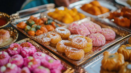 A tray of colorful Indian sweets, including gulab jamun, barfi, and jalebi.の素材