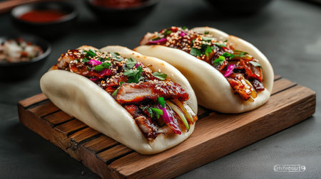A wooden board with freshly steamed bao buns filled with braised pork belly and pickled vegetables.の素材
