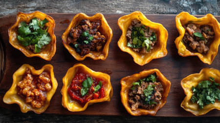 A wooden board with neatly arranged Chinese jianbing savory pancakes with various fillings.の素材