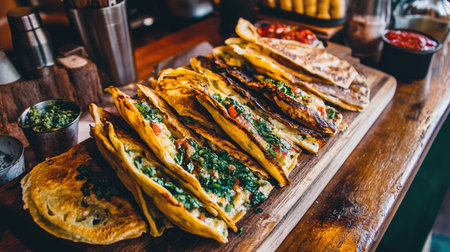 A wooden board with neatly arranged Chinese jianbing savory pancakes with various fillings.の素材