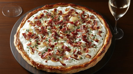 A wooden table set with a fresh tarte flambe, topped with crme frache, onions, and bacon.の素材