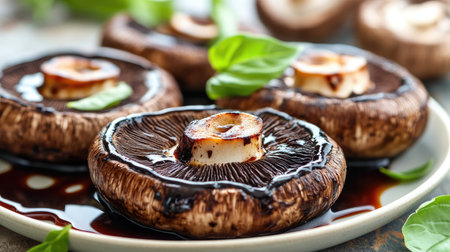 A beautifully plated dish of grilled portobello mushrooms with balsamic glaze.の素材