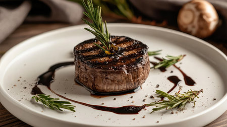 A beautifully plated dish of grilled portobello mushrooms with balsamic glaze.の素材