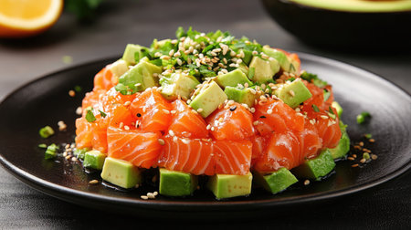 A beautifully plated dish of salmon tartare with avocado, sesame seeds, and citrus dressing.の素材
