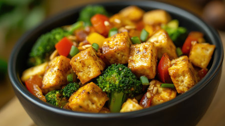 A bowl of spicy peanut tofu stir-fry with broccoli and bell peppers.の素材