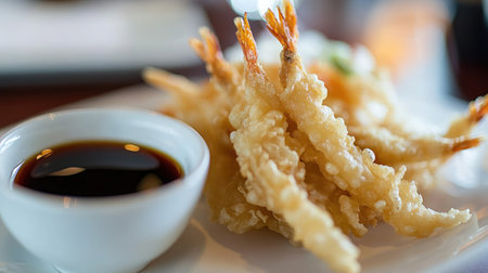 A close-up of crispy, golden vegetable tempura served with soy dipping sauce.の素材