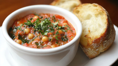 A bowl of warm chickpea and spinach stew with crusty bread on the side.の素材