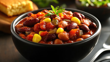 A comforting bowl of vegetarian chili with kidney beans, tomatoes, and cornbread.の素材