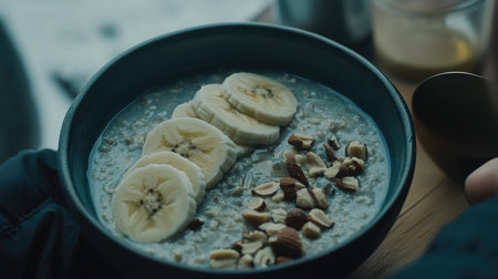 A bowl of overnight oats topped with banana slices, nuts, and a drizzle of honey.の素材