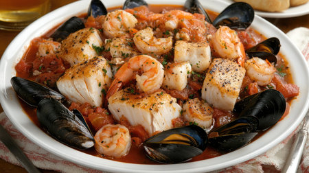 A bowl of hearty cioppino seafood stew with chunks of fish, shrimp, and mussels in a tomato broth.の素材
