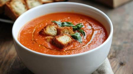 A comforting bowl of dairy-free creamy tomato soup with fresh basil and garlic croutons.の素材