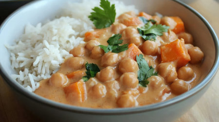 A bowl of creamy coconut curry with chickpeas, sweet potatoes, and jasmine rice.の素材