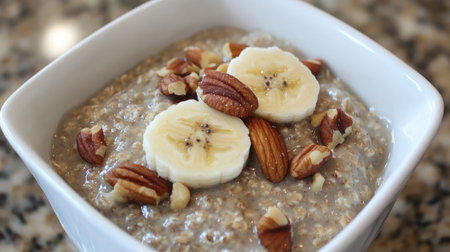 A bowl of overnight oats topped with banana slices, nuts, and a drizzle of honey.の素材