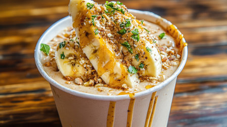 A bowl of overnight oats topped with banana slices, nuts, and a drizzle of honey.の素材