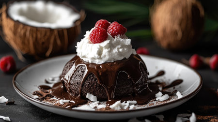 A beautifully plated vegan chocolate mousse with a coconut whipped cream topping.の素材