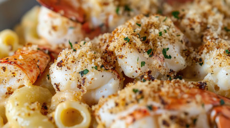 A close-up of lobster mac and cheese with a golden, crispy breadcrumb topping.の素材