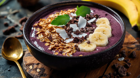 A creamy acai bowl with granola, bananas, coconut flakes, and cacao nibs.の素材